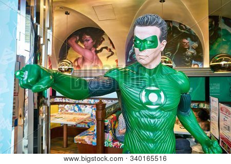 SINGAPORE - CIRCA APRIL, 2019: close up shot of Green Lantern life-size statue on display at DC Comics Super Heroes Cafe at the Shoppes at Marina Bay Sands in Singapore.