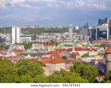 Tallinn, Estonia- August 20, 2019: Top View For Viru Street And Sokos Hotel And Old Thomas Tower. Su