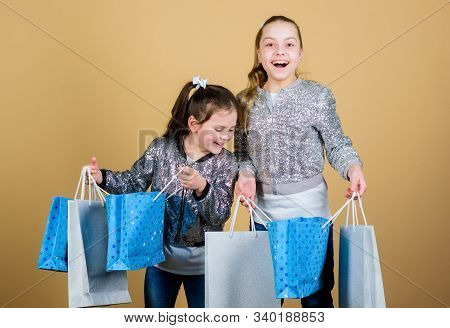 Shopping Day. Children Hold Bunch Packages. Kids Fashion. Expect More. Pay Less. Girls Sisters Frien