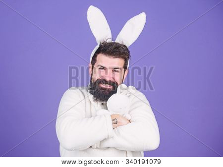 Childhood Memories. Man Handsome Face Wear White Bunny Ears. Easter Bunny. White Bunny Symbol Of Eas