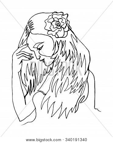 Portrait Of A Girl With A Flower In Long Hair. The Liner Drawing On White Paper Is Made By One Inext