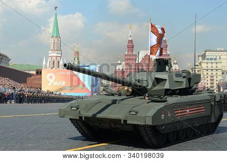 Moscow, Russia - May 7, 2019: Russian T-14 Armata Battle Tank On A Heavy Tracked Platform At The Dre