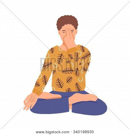 Man Doing Yoga Flat Vector Illustration. Young Boy Practice Breathing Techniques In Lotus Pose Carto