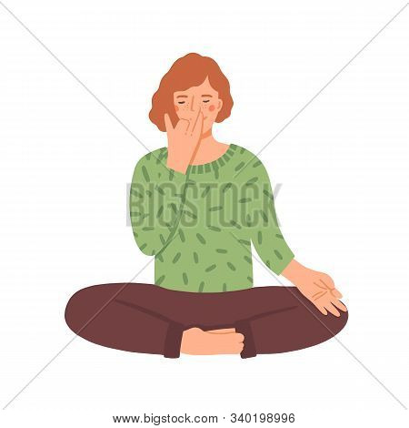Woman Doing Yoga Flat Vector Illustration. Young Girl In Cross-legged Pose Practicing Breathing Tech