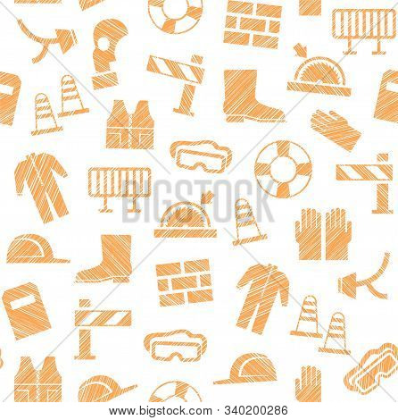 Safety At Work, Labor Protection, Seamless Pattern, White And Orange, Pencil Hatching, Vector. Speci