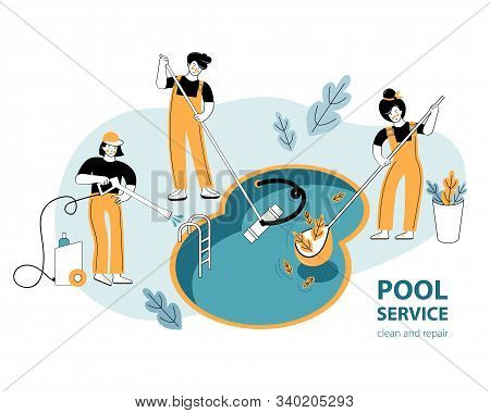 Template For A Web Banner Or Landing Page. Swimming Pool Service Worker With Net Cleaning Water. Poo