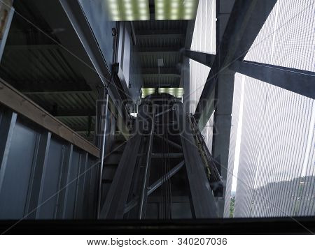 Inside Metal Construction Of Ski Jump Elevator In Holmenkollen Near European Capital City Of Oslo In