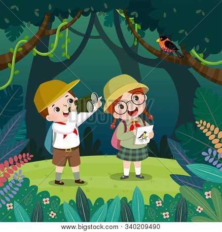 Cute Boy Watching Bird Through Binoculars And The Girl Drawing The Birds In The Forest. Children Hav