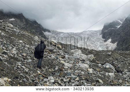 Amazing View To Full Lardaad Glacier Icefall In Mountains Of Svaneti Georgia
