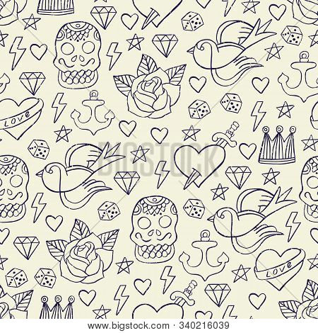 Tattoo Seamless Pattern. Hand Drawn Vector Illustration.