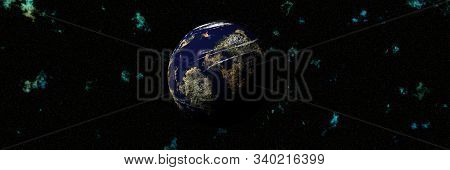 Planet Earth, a view from outer space. Dark cosmos with stars. Rare clouds of dust. Planet Earth with continents and oceans. Graphic drawing.