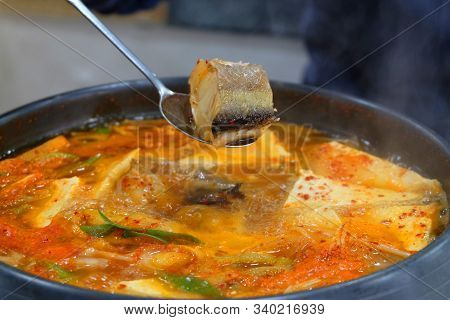 Korean Food Dongtae Tang, Spicy Pollack Stew In A Hot Pot.