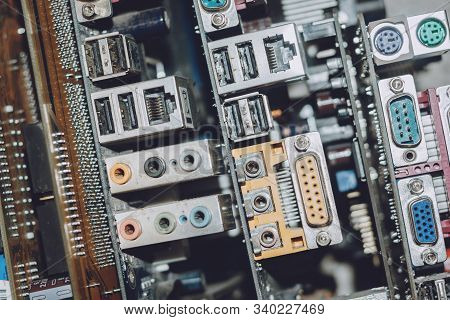 Electronic Waste Concept. E-waste Heap From Discarded Pc Computer, Laptop Parts. Many Old Pc Compone