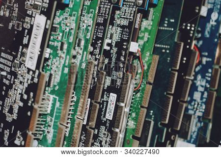 Electronic Waste Concept. E-waste Heap From Discarded Pc Computer, Laptop Parts. Many Old Pc Compone