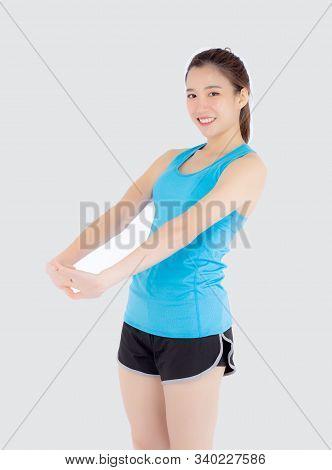 Beautiful Young Asian Woman In Sport Standing Stretch Muscle Arm Workout With Healthy Isolated On Wh