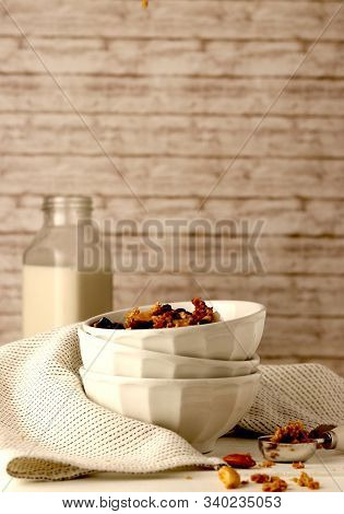 Having Healthy Breakfast, Homemade Granola With Milk