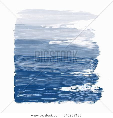 Blue Color Background. Colorful Glass Beads Pattern. Paints In Round Jars And Brush On A Gray Concre