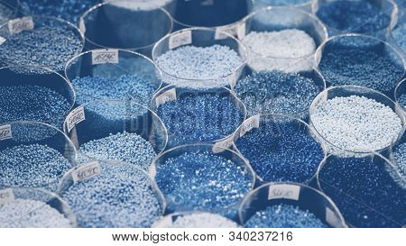 Blue Color Background. Colorful Glass Beads Pattern. Blue Color Swatch, Samples. Variety Of Color Be