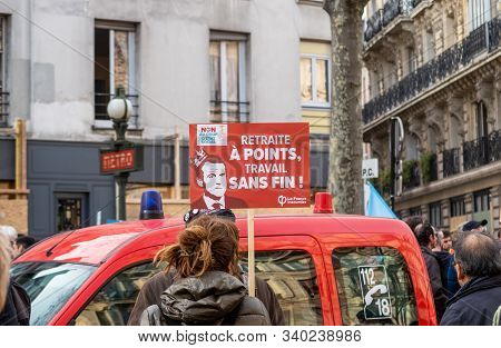 Paris, France - December 17 2019 : Protest Of The Unions Against The Retirement Pension Reform Of Th
