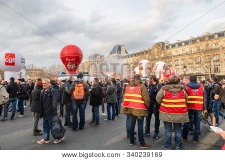 Paris, France - December 17 2019 : Protest Of The Unions Against The Retirement Pension Reform Of Th