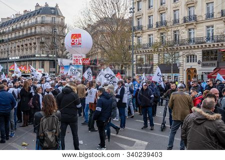 Paris, France - December 17 2019 : Protest Of The Unions Against The Retirement Pension Reform Of Th