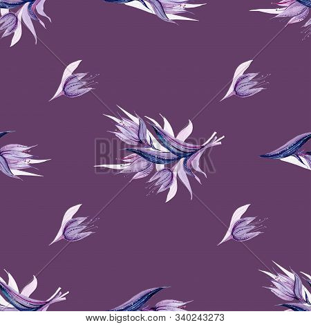 Seamless Floral Watercolor Raster Pattern. Tulips On A Violet Background