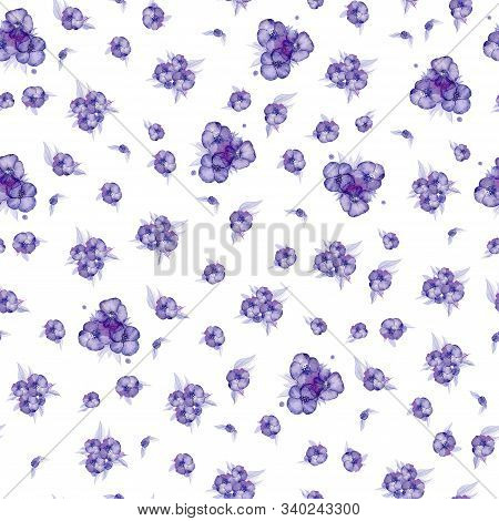 Seamless Watercolor Floral Pattern On White Background. Purple Flowers And Leaves