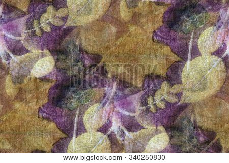 Seamless Botanical Print With Leaf Prints On Natural Silk. Hand-drawn Illustration.
