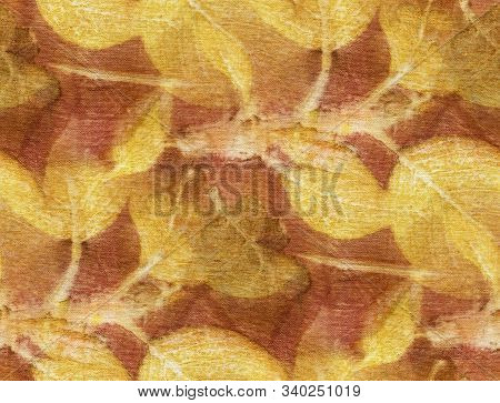 Seamless Botanical Print With Leaf Prints On Natural Silk. Hand-drawn Illustration.