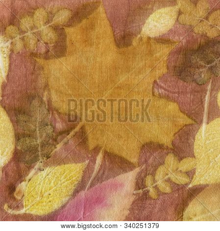 Seamless Botanical Print With Leaf Prints On Natural Silk. Hand-drawn Illustration.