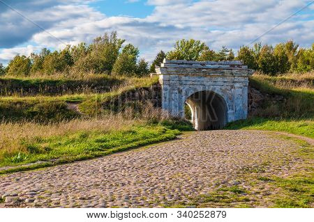 Ravelin Gate Between Stone Walls In Sunny Day, Annenkrone, Vyborg, Leningrad Oblast, Russia