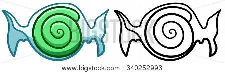 Green Round Swirling Candy In Transparent Wrapper In Colored And Line Versions On White Background