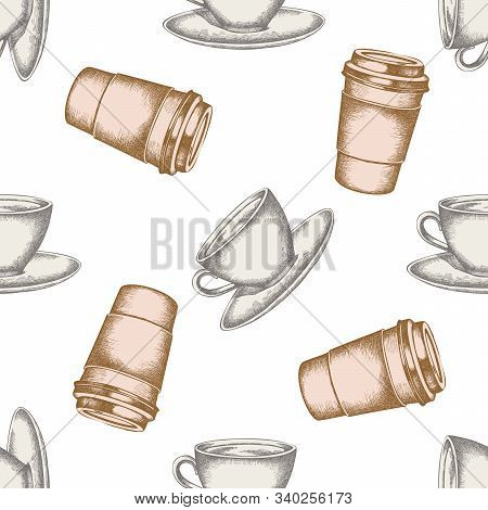 Seamless Pattern With Hand Drawn Pastel Coffee Cups, Paper Cup Stock Illustration