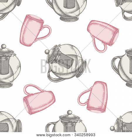 Seamless Pattern With Hand Drawn Pastel Teapots, Cups Stock Illustration
