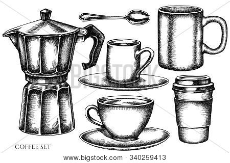Vector Set Of Hand Drawn Black And White Coffee Cups, Teaspoon, Paper Cup, Espresso Cup, Coffee Pot,