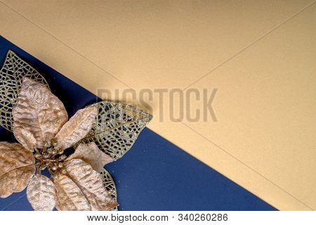 Decorative Golden Goldenleaves On A Blue-golden Background, Christmas New Year Concept, Free Copy Sp