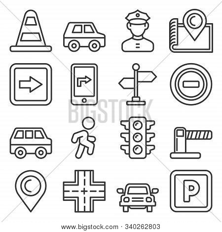 Car Traffic And Driving Icons Set On White Background. Line Style Vector