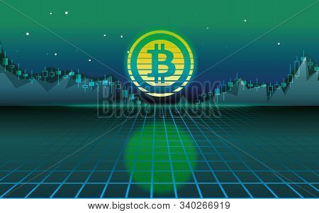 Bitcoin Vector Illustration. Cryptocurrency Bitcoin On Dark Neon 3d Background. 80s Background. Free