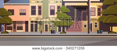 City Building Houses Exterior Modern Town Street In Summer Season Sunset Cityscape Background Horizo