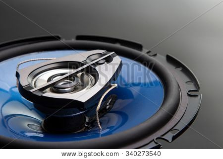 three-way speaker system, coaxial speaker, car audio music, subwoofer. Top view