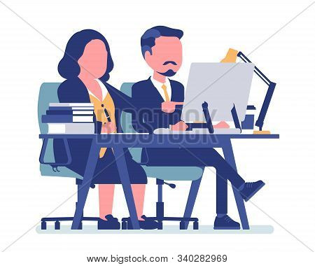 Woman Coaching And Mentoring Young Male Employee. Office Positive Work Environment, Support And Enco