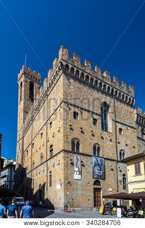 Florence, Italy - June 5, 2019 : The Bargello, also known as the Palazzo del Bargello, Museo Nazionale del Bargello, or Palazzo del Popolo (Palace of the People), is a former barracks and prison, now an art museum, in Florence, Italy.