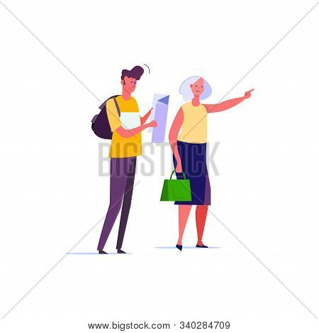 Young Traveler With Backpack Holding Map. Man Asking Passerby Way And Senior Woman Showing Direction