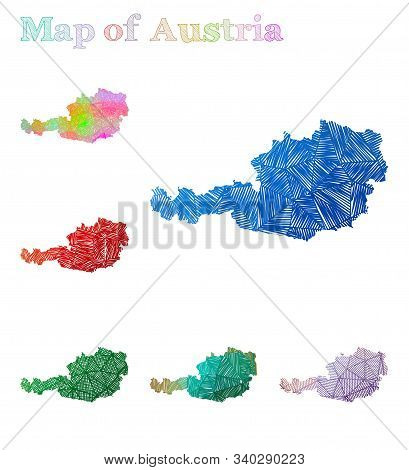 Hand-drawn Map Of Austria. Colorful Country Shape. Sketchy Austria Maps Collection. Vector Illustrat
