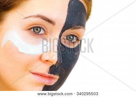 Girl Black Mask On Half Face Apply White Mud
