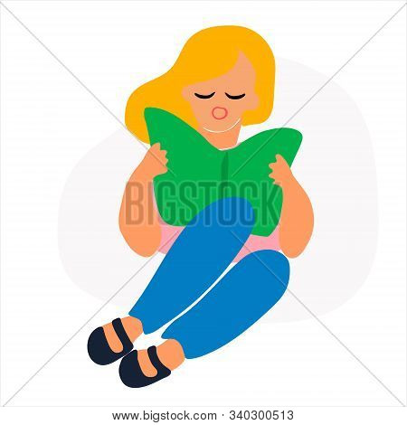 Blonde Girl Reading A Book Vector Illustration. Flat Style, Isolated Design Element
