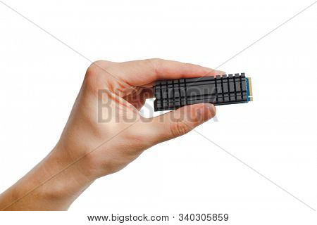 ssd nvme m2 drive in hand, isolated on white