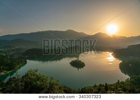 Bled Glacier Lake Landscape In Slovenia At Idillyc Sunrise, In The Julian Alps