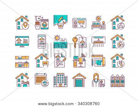 Rent Home And Real Estate Color Line Icons Set. Buildings And Property. Purchasing, Sale And Leasing