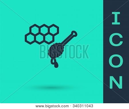 Black Line Honeycomb With Honey Dipper Stickicon Isolated On Green Background. Honey Ladle. Honey Ce